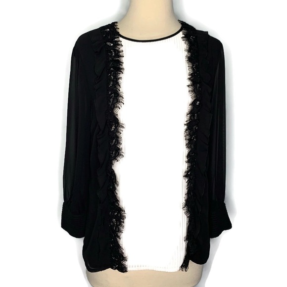 Edward Achour Paris Black White Front Pleats 3/4 Sleeve Sheer Blouse Top Size 40